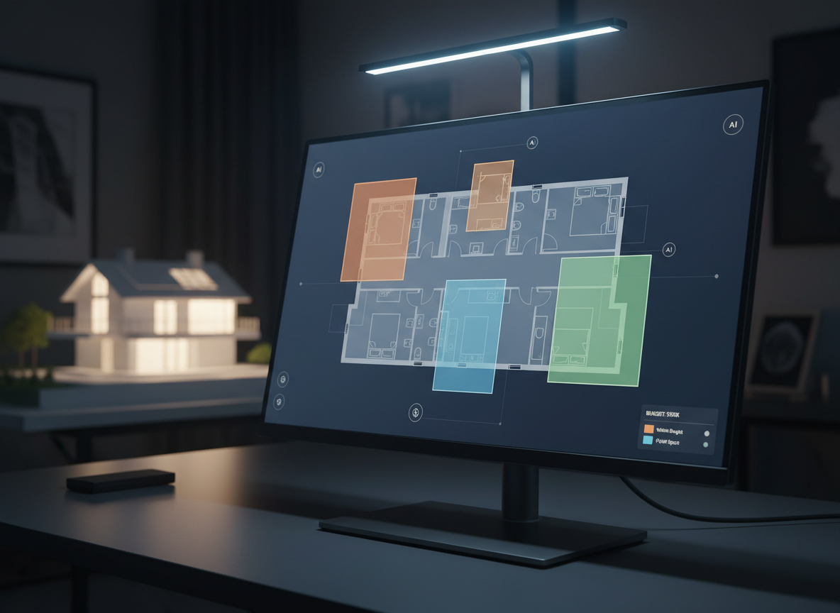 A cinematic close-up of a high-resolution computer monitor displaying a residential floor plan automatically rearranging in real time: walls smoothly shifting, rooms resizing, and colored zones updating to reflect budget and space constraints indicated in a small legend. The interface is clean, with subtle gradients, thin lines, and discreet AI recommendation badges. The surrounding environment is a dark, refined studio with a matte charcoal desk and a single architectural model in soft focus in the background. Focused, cool-toned accent lighting creates gentle reflections on the monitor frame and a concentrated, innovative atmosphere. Photographic realism from a slight side angle for depth.