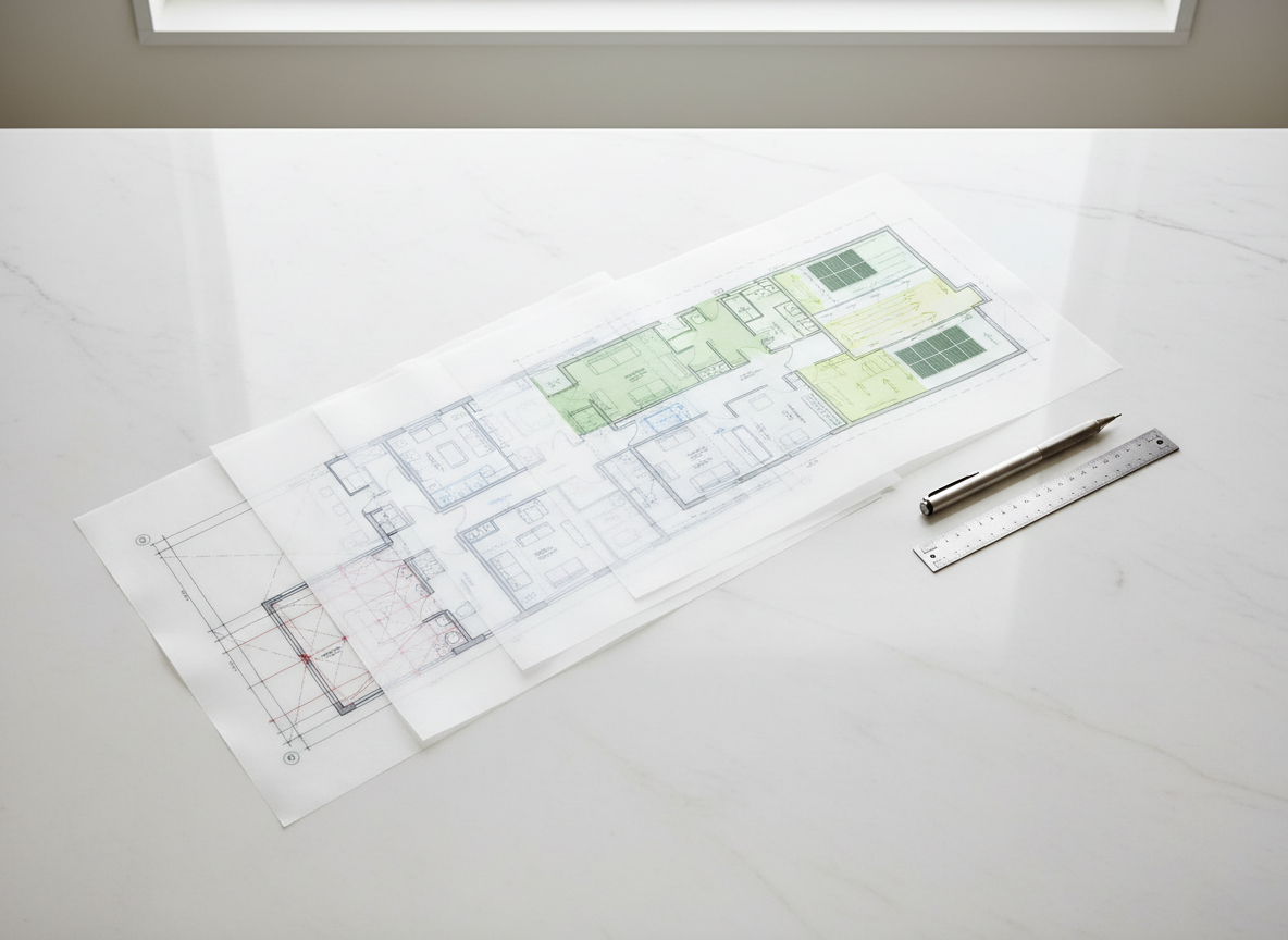 An elegant overhead view of a clean white desk where several semi-transparent layers of architectural plans for a residential project are laid out, each printed on frosted vellum: structural grid, interior layout, and energy optimization overlays. A graphite mechanical pencil and metal ruler rest precisely aligned beside them. Soft diffused daylight from above produces almost shadowless lighting, enhancing the crisp lines and faint color codes. The composition uses rule of thirds, with the plans leading the eye across the frame. Photographic realism with a calm, analytical mood, highlighting the precision and sophistication of constraint-based design.