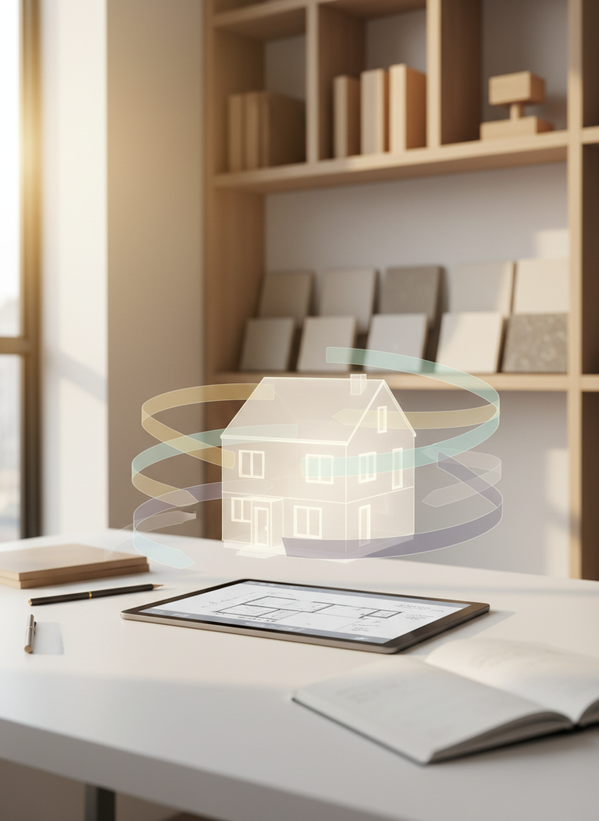 A bright, inviting workspace showing a partially transparent 3D rendering of a compact urban house hovering above a tablet on a white desk, as if projected. Around the floating model, semi-opaque bands indicate sunlight paths, ventilation flows, and zoning setbacks, each in distinct yet muted colors. In the background, shelves with neatly stacked material samples—light woods, neutral tiles, and stone swatches—are softly blurred. Late afternoon natural light streams in from the left, casting warm highlights on the model’s edges and soft shadows on the desk. Photographic realism with shallow depth of field, creating a professional yet approachable mood that emphasizes intelligent, constraint-aware residential design.