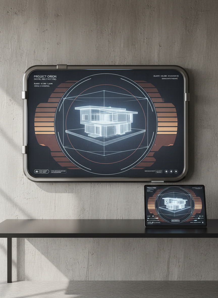 A large, ultra-modern digital dashboard mounted on a concrete wall, displaying an interactive 3D model of a residential house surrounded by translucent layers representing constraints: property limits in soft blue, budget bands in amber, and regulatory zones in muted red. Next to it, a slim tablet rests on a matte black desk, mirroring the interface with sliders and AI suggestions. Natural side light from an unseen window creates subtle highlights on the screen edges and a gentle glow on the concrete texture. Photographic realism, eye-level composition, and a clean, high-tech ambiance emphasizing clarity, control, and intelligent planning.