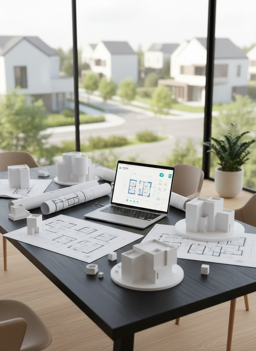 A sleek architectural workspace table covered with meticulously organized residential blueprints, 3D printed house models in matte white plastic, and a high-end laptop displaying a clean floor plan interface with subtle AI icons and graphs. The table rests on a light oak surface within a bright, minimalist office featuring large panoramic windows revealing a blurred contemporary neighborhood. Soft daylight pours in, creating gentle reflections on the laptop screen and faint shadows under rolled plans. Photographic realism with a slightly elevated angle and sharp focus throughout, conveying a professional, intelligent, and modern atmosphere perfectly suited for a smart home construction planning platform.