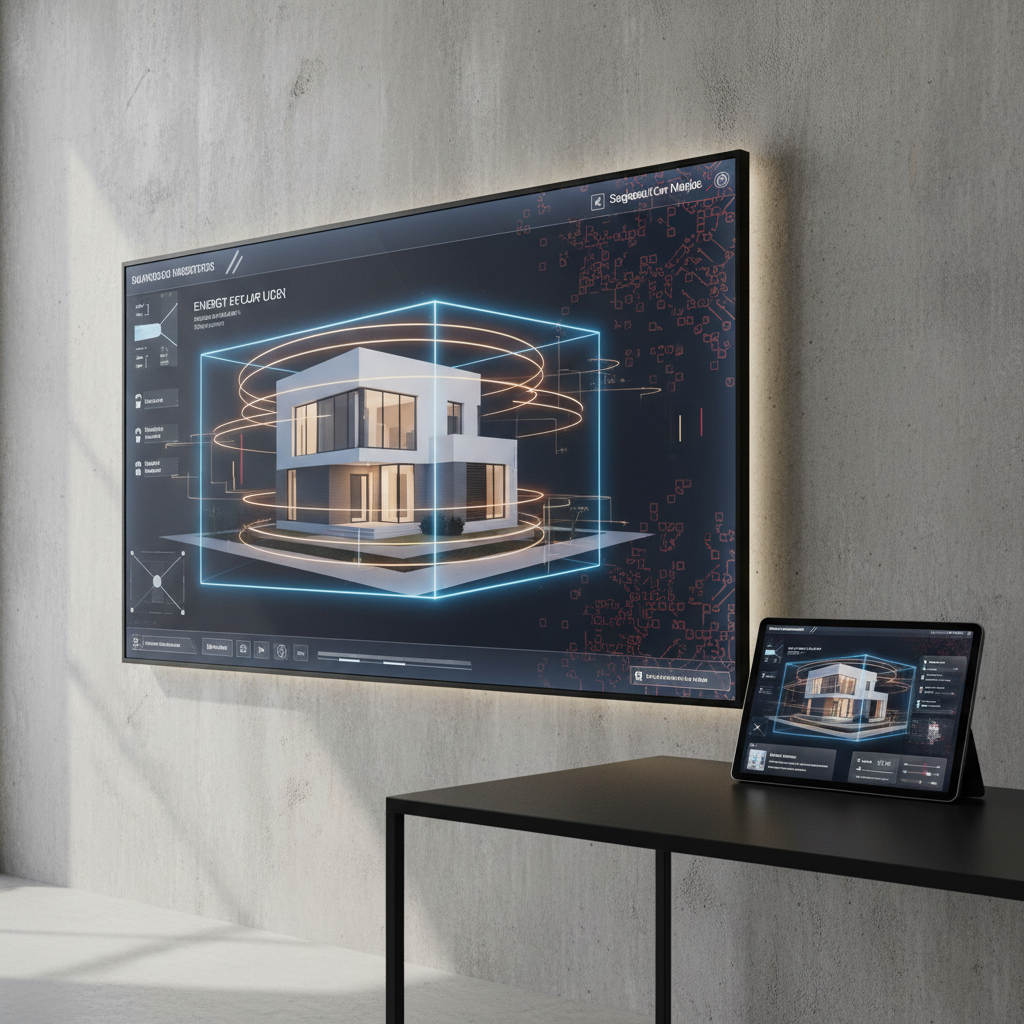 A large, ultra-modern digital dashboard mounted on a concrete wall, displaying an interactive 3D model of a residential house surrounded by translucent layers representing constraints: property limits in soft blue, budget bands in amber, and regulatory zones in muted red. Next to it, a slim tablet rests on a matte black desk, mirroring the interface with sliders and AI suggestions. Natural side light from an unseen window creates subtle highlights on the screen edges and a gentle glow on the concrete texture. Photographic realism, eye-level composition, and a clean, high-tech ambiance emphasizing clarity, control, and intelligent planning.