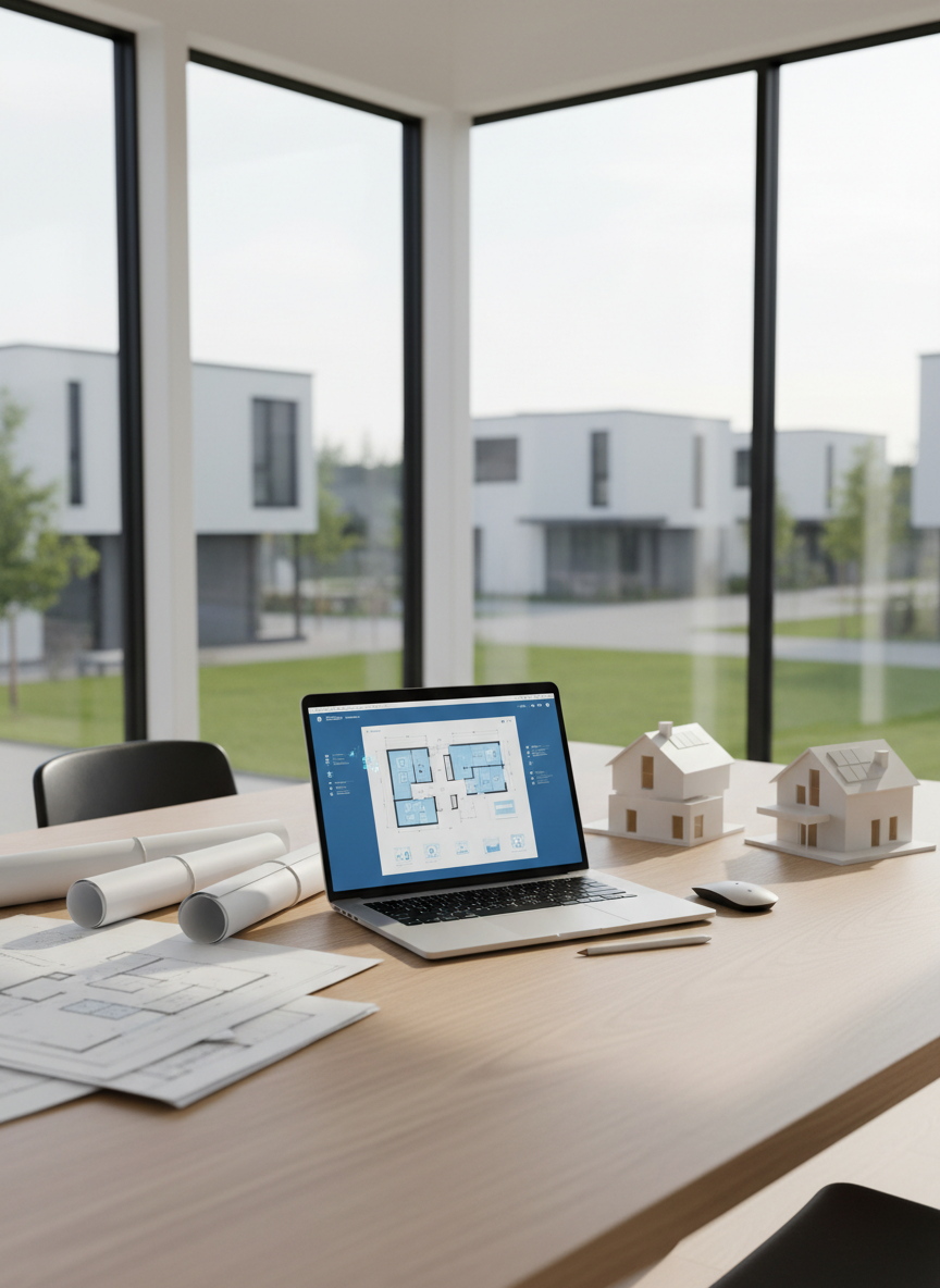 A sleek architectural workspace table covered with meticulously organized residential blueprints, 3D printed house models in matte white plastic, and a high-end laptop displaying a clean floor plan interface with subtle AI icons and graphs. The table rests on a light oak surface within a bright, minimalist office featuring large panoramic windows revealing a blurred contemporary neighborhood. Soft daylight pours in, creating gentle reflections on the laptop screen and faint shadows under rolled plans. Photographic realism with a slightly elevated angle and sharp focus throughout, conveying a professional, intelligent, and modern atmosphere perfectly suited for a smart home construction planning platform.